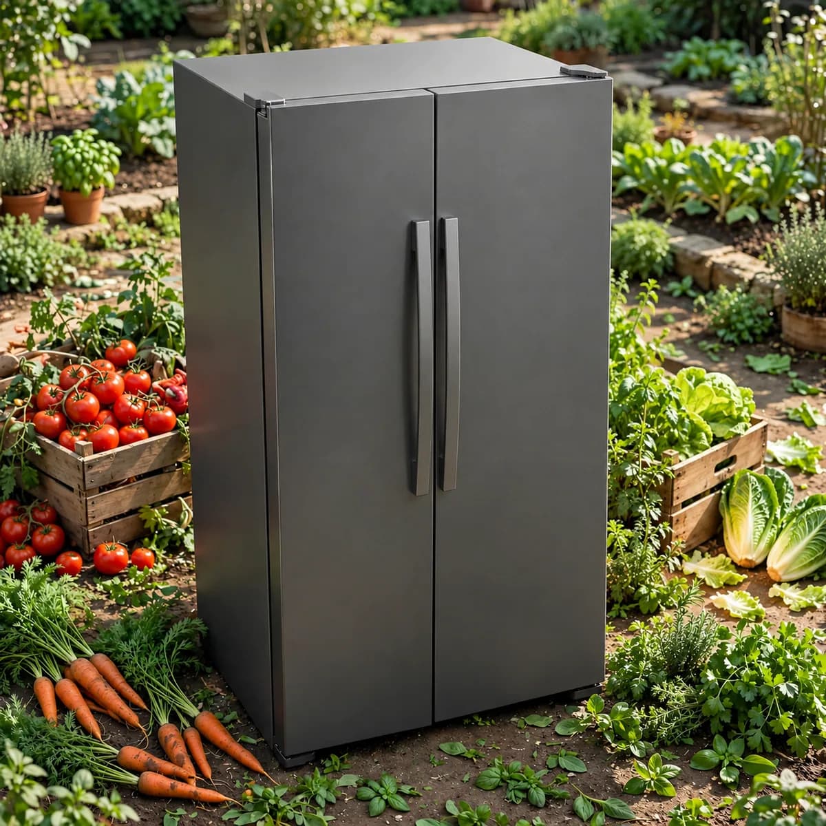A refrigerator in a kitchen garden, its door opening
